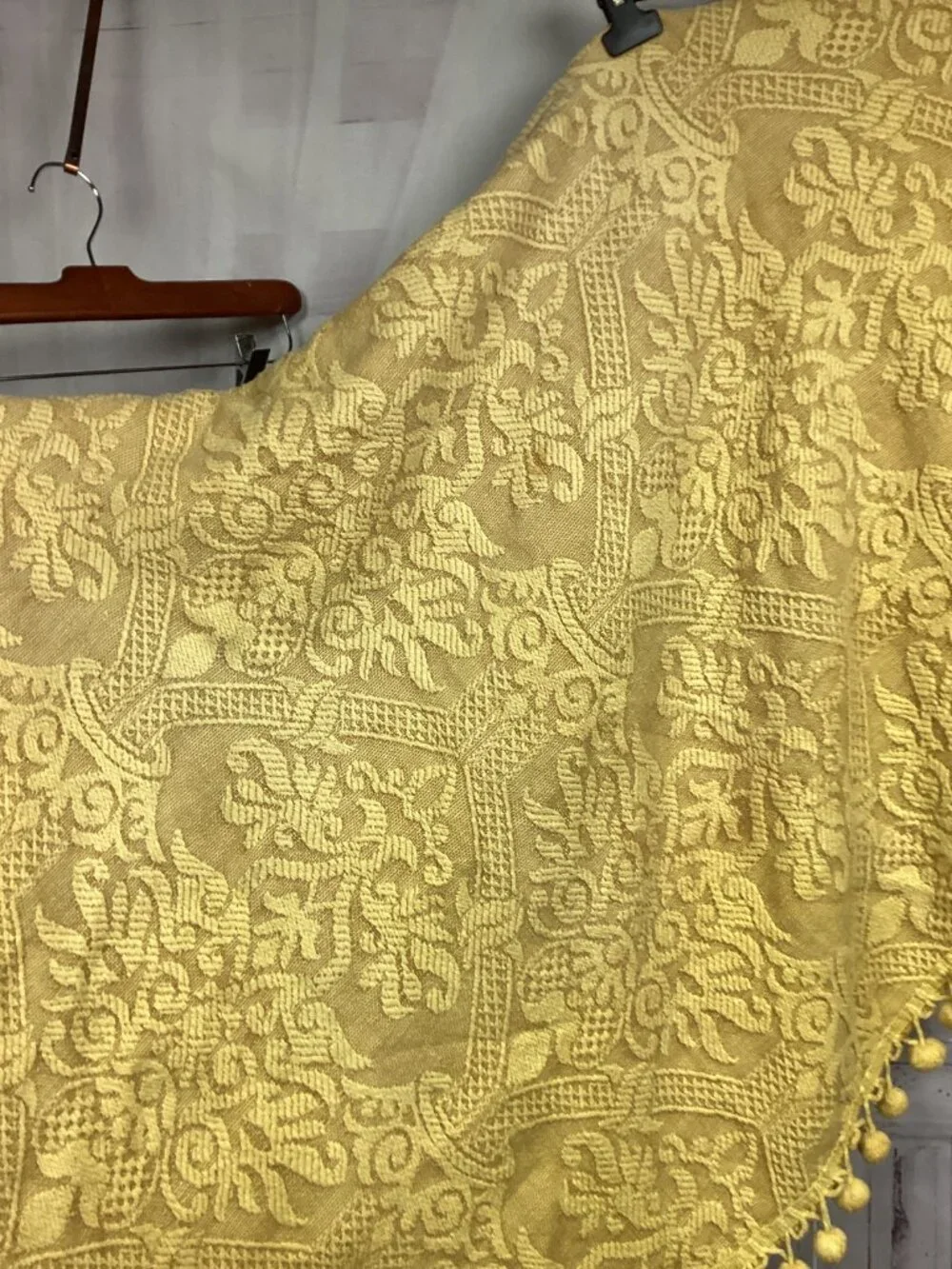 Vintage 70s Yellow Oval Throw with Pom Trim